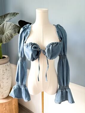 Nichole Lynel Denim Bralette Top Large Long Bell Sleeve Boho Western Festival